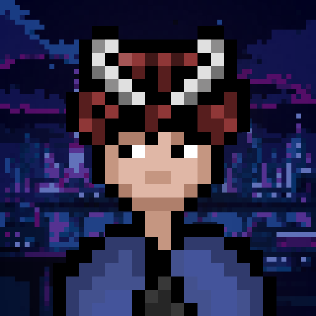 Pixel character with red horns and a blue jacket against a neon night city