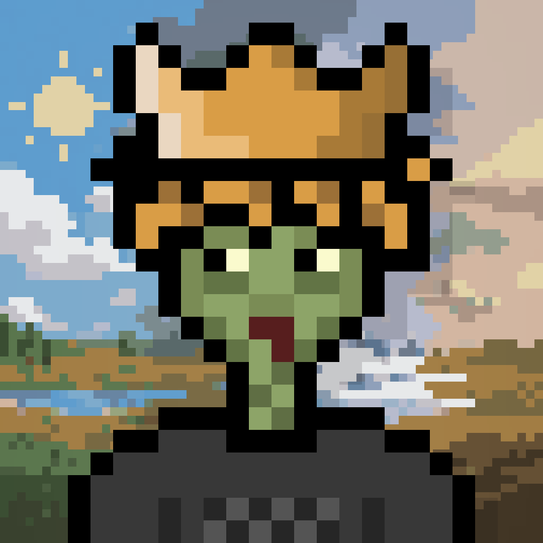 Green pixel character with gold horns and a grey shirt against a sunny landscape
