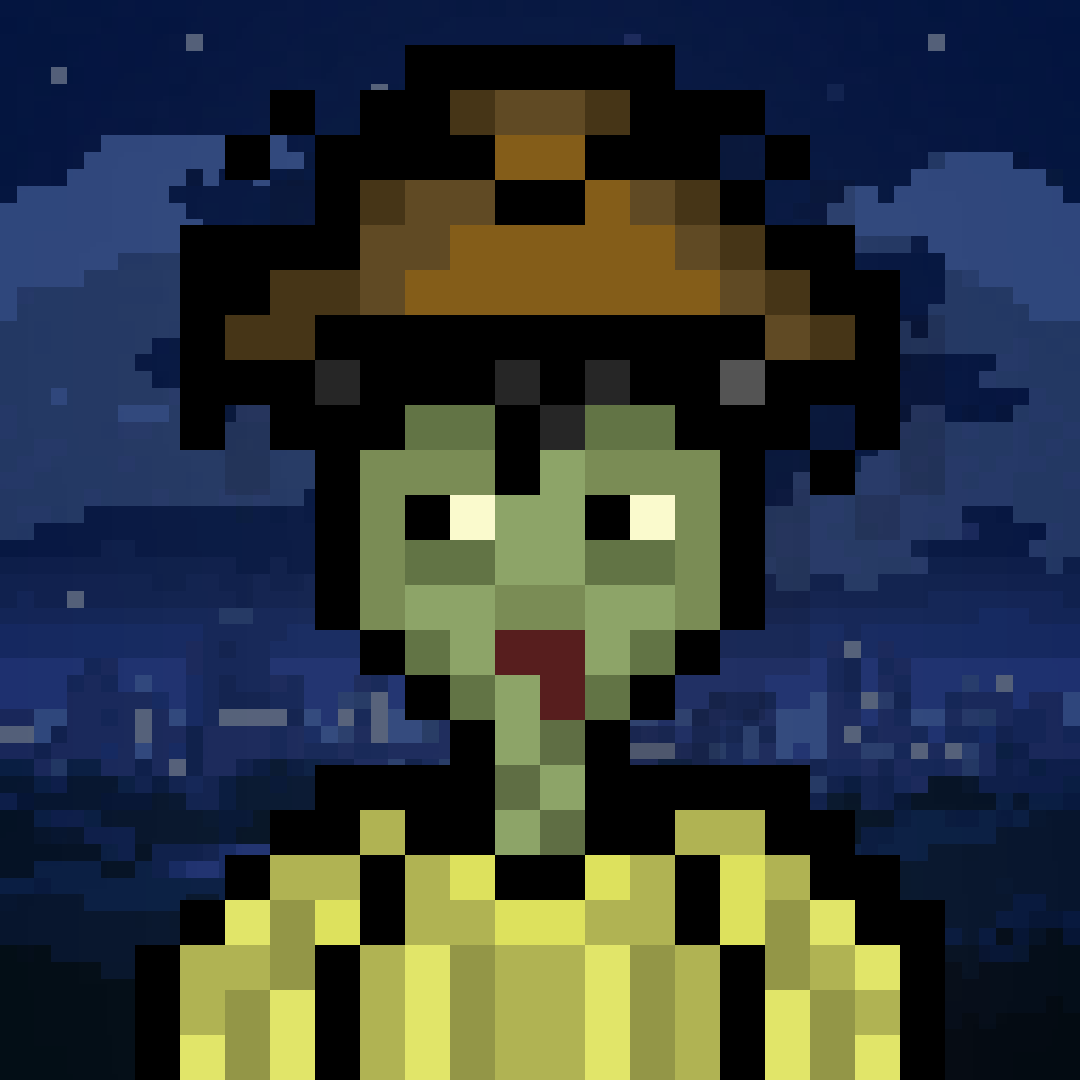 Green pixel character with gold headwear and a yellow jacket under a night sky