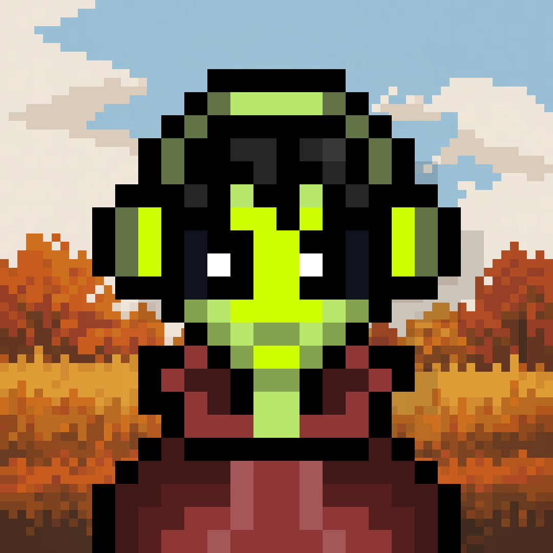 Bright green pixel character wearing headphones and a red hoodie in an autumn landscape