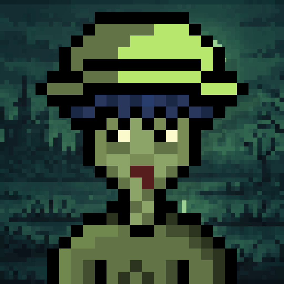Green pixel character wearing a lime bucket hat in a dark forest