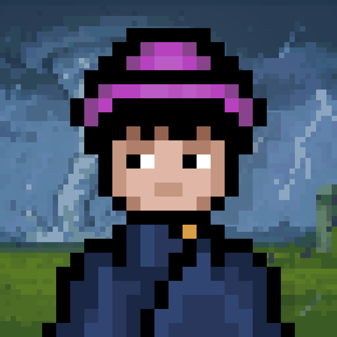 Pixel character in a purple beanie and blue jacket against a swirling blue sky